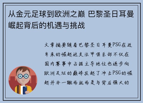 从金元足球到欧洲之巅 巴黎圣日耳曼崛起背后的机遇与挑战