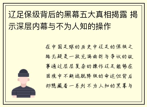 辽足保级背后的黑幕五大真相揭露 揭示深层内幕与不为人知的操作