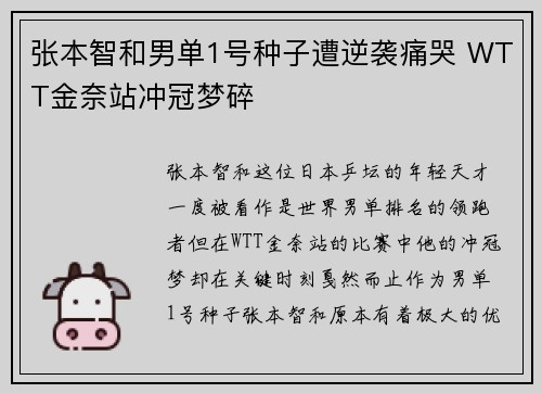 张本智和男单1号种子遭逆袭痛哭 WTT金奈站冲冠梦碎