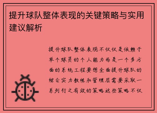 提升球队整体表现的关键策略与实用建议解析